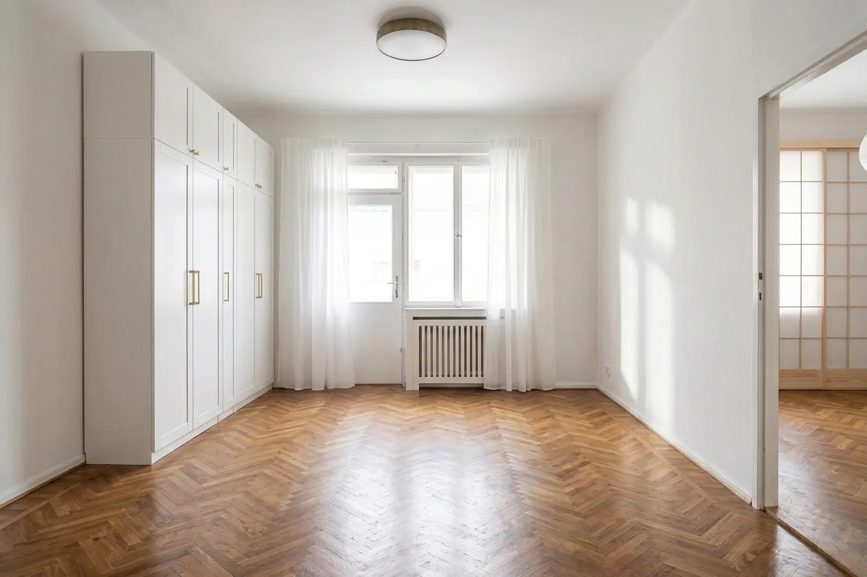 Empty living room with herringbone hardwood floors, white walls, built-in white cabinets, sheer curtains, and natural light from a large window