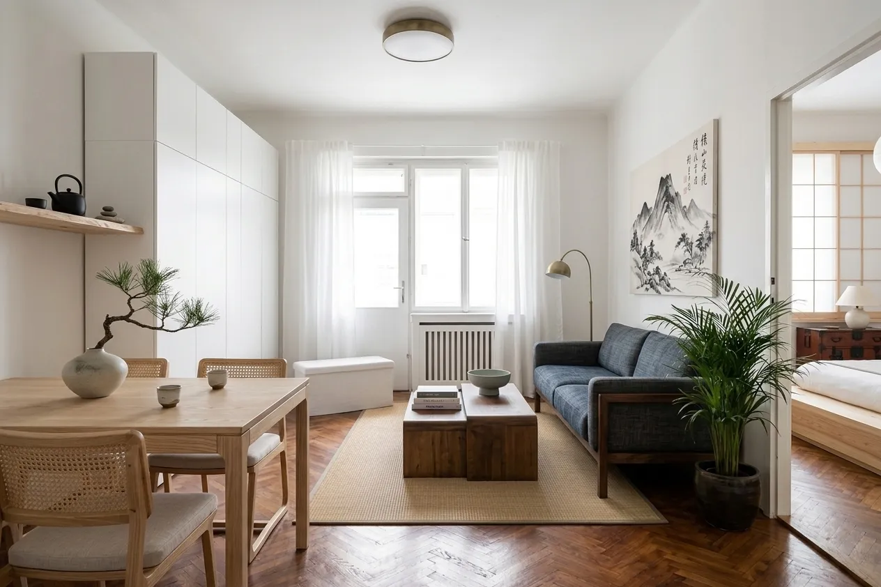 AI-designed Japandi living room with natural wood furniture, bonsai pine tree, Japanese ink painting, rattan chairs, and muted earth tones
