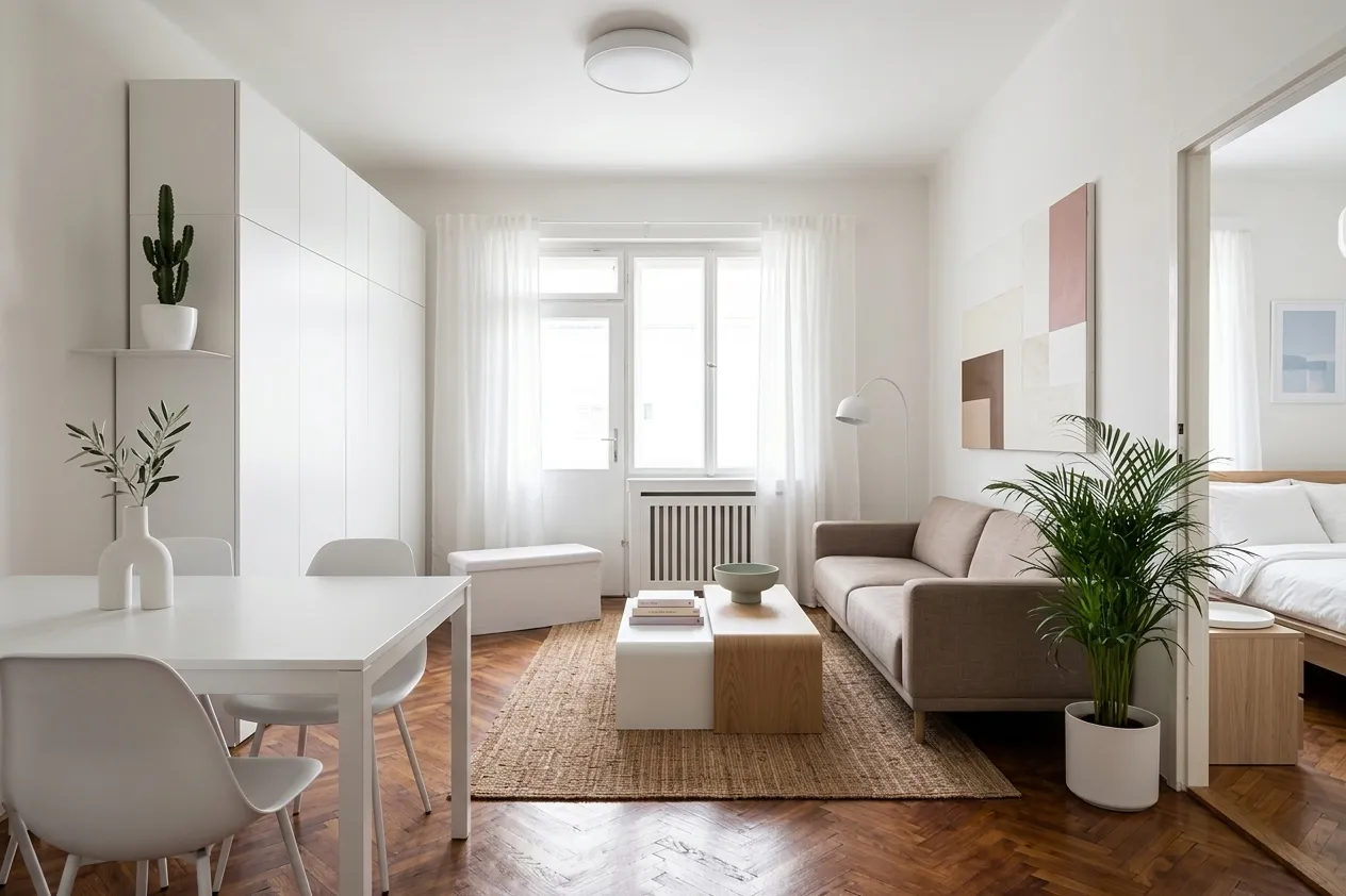 AI-designed minimalist living room with beige sofa, white dining table, jute rug, geometric pastel art, cactus, and clean lines throughout