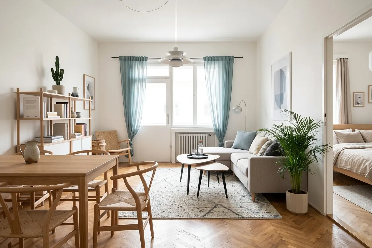 AI-designed bohemian living room with teal curtains, wooden wishbone chairs, open bookshelf, geometric rug, cream sofa, and ceiling fan