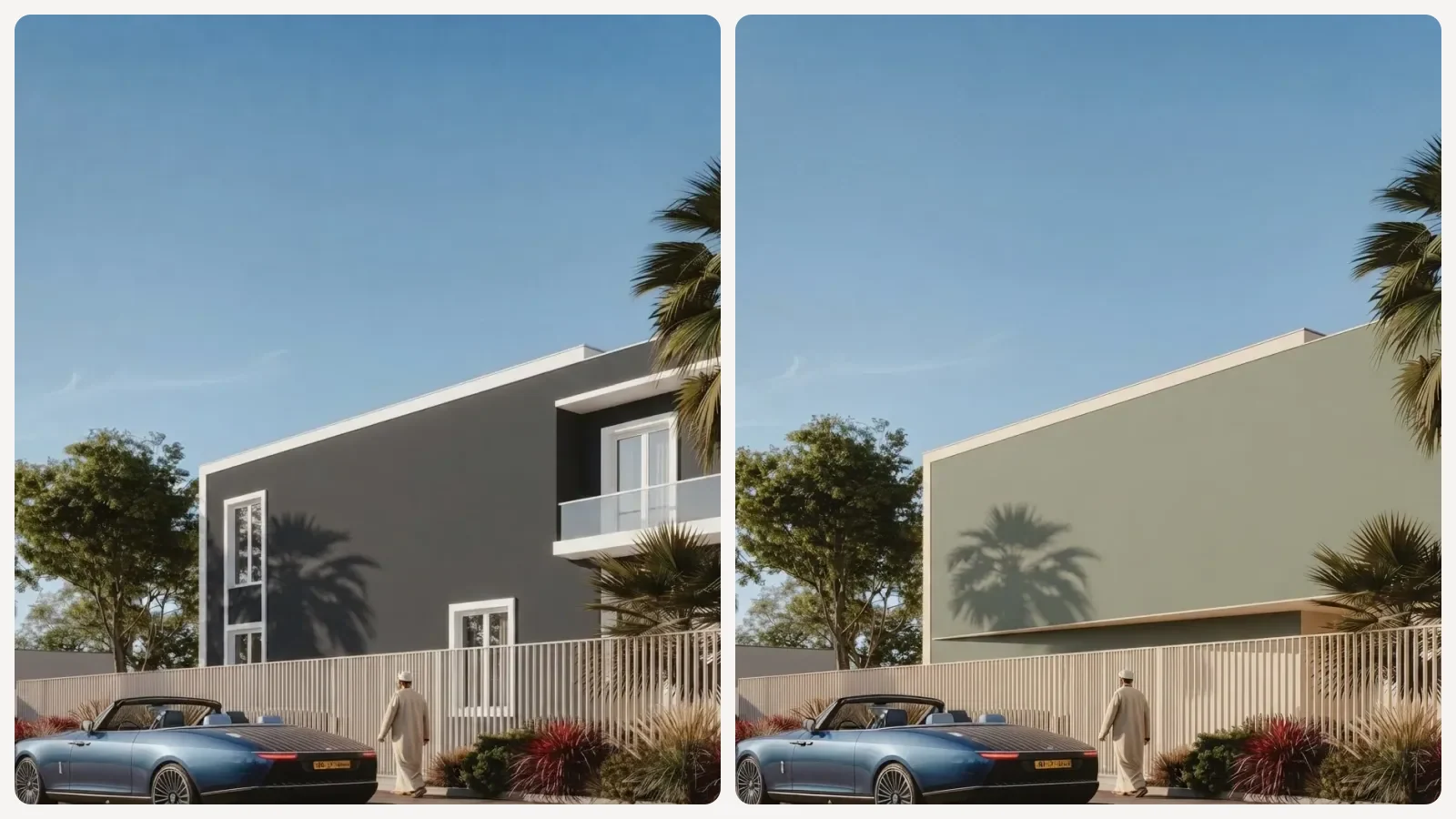 The same house facade rendered twice, once in deep charcoal with white trim and once in sage green with cream trim