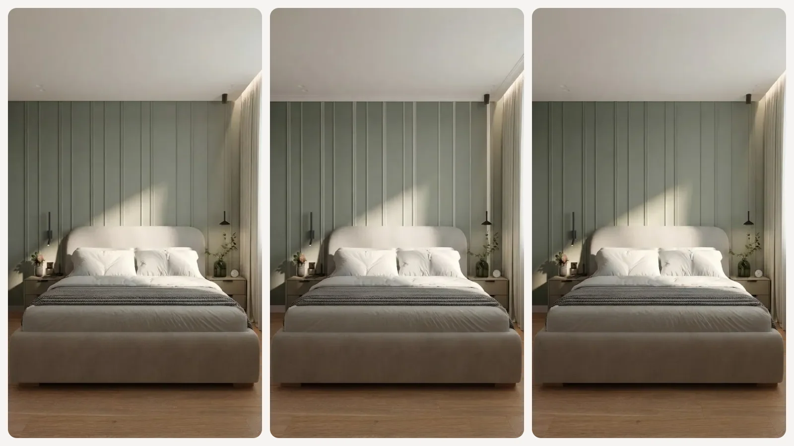 Three renders of the same bedroom produced by the hex-pinned prompt, all three showing the same depth of sage green on the wall