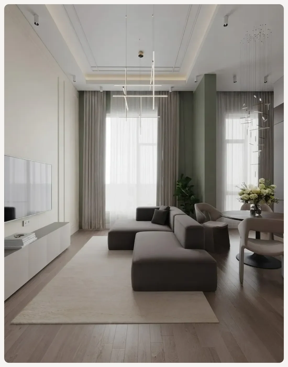 Living room with the wall behind the sofa in sage green and the remaining walls, ceiling and trim in warm off-white