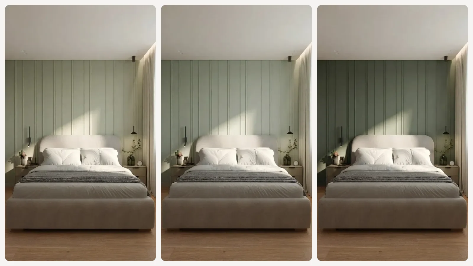 Three renders of the same bedroom from the same photograph, all produced by the instruction to repaint the walls sage green, each one a visibly different shade of green