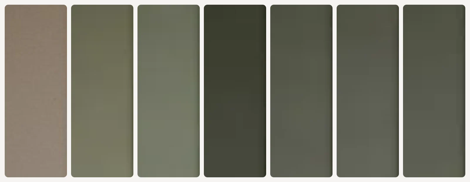 Seven colour swatches cut from the same patch of wall: the original warm greige, then three visibly different greens, then three near-identical greens