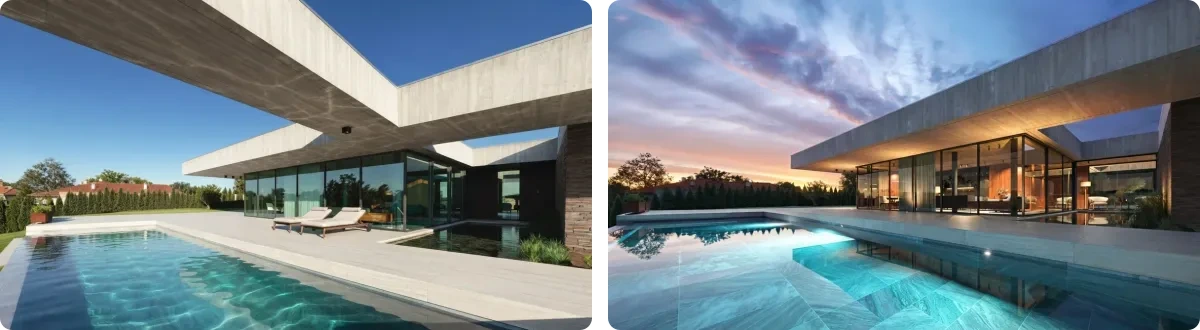 The same concrete pool house from nearly the same viewpoint twice: at midday under a hard blue sky with dark reflective glass and an unlit interior, and at dusk under a pink and violet sky with the interior lights on, warm light spilling across the terrace and the pool lit from within