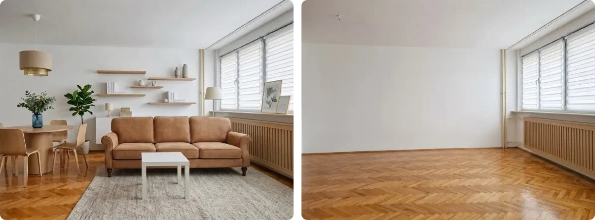 The same occupied living room twice: on the left a tan sofa, round dining table, chairs, rug and shelving in a room with herringbone parquet and a ribbed radiator under the window, on the right the same room completely emptied with the parquet, skirting and radiator rebuilt behind where the furniture stood