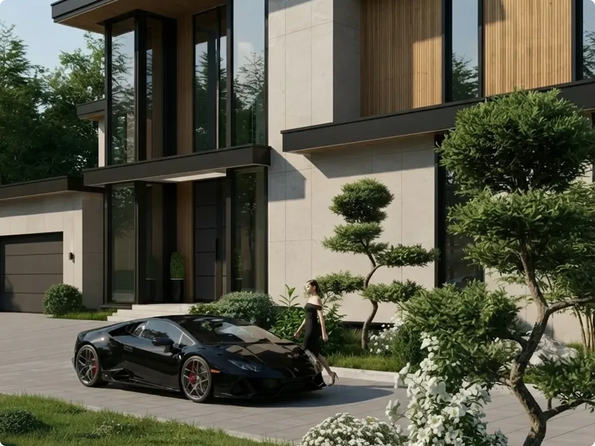 A modern two storey house with stone cladding, timber slats and full height glazing, shot in bright daylight with a black sports car on the driveway and clipped topiary in the front planting