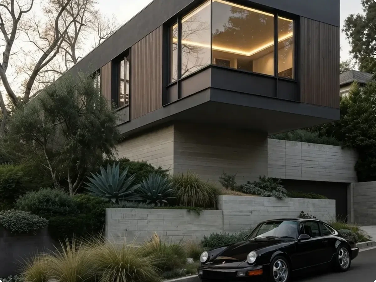 A dark timber and concrete house cantilevered over a hillside driveway at dusk, with a warmly lit upper room reflected in the corner glazing, dense drought planting on the retaining walls and bare trees behind