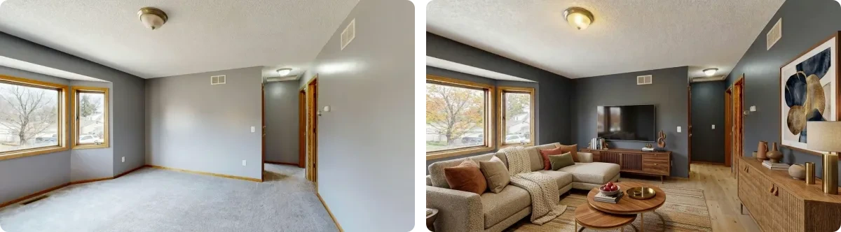 A real listing photograph of an empty carpeted living room with oak window trim and a wall vent, next to the same room transformed with a charcoal wall colour, wood flooring, a sectional sofa, sideboard, artwork and a television