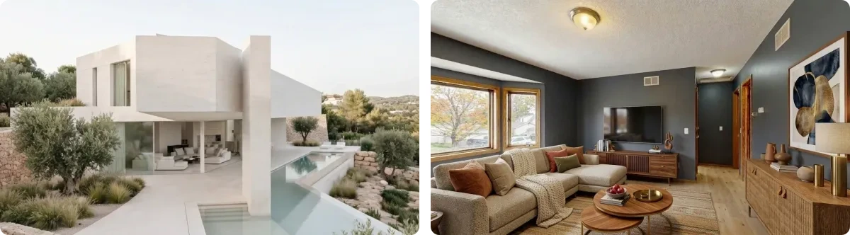 Side by side: a white minimalist villa in full daylight with an infinity pool and olive planting, and a charcoal living room furnished with a sectional sofa, sideboard and artwork