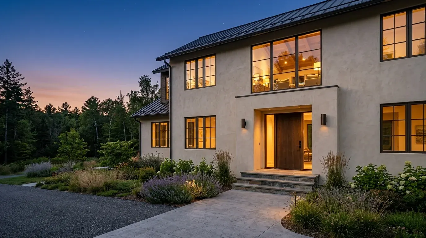 A photorealistic twilight exterior render of a modern two-story house with a limewashed plaster facade, bronze windows, glowing interior lights and a deep dusk sky, produced from the exterior render prompt