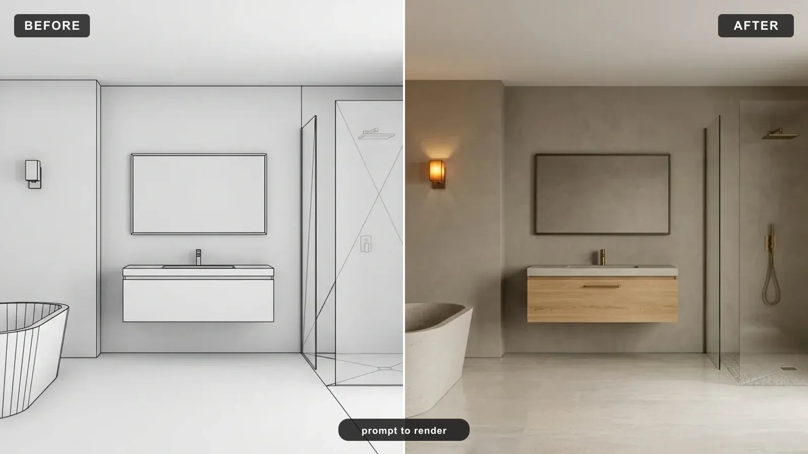 Before and after of an AI render prompt: on the left a flat untextured 3D bathroom model, on the right the same bathroom rendered photorealistically with micro-cement walls, a stone tub, an oak vanity, brass fittings and warm sconce light