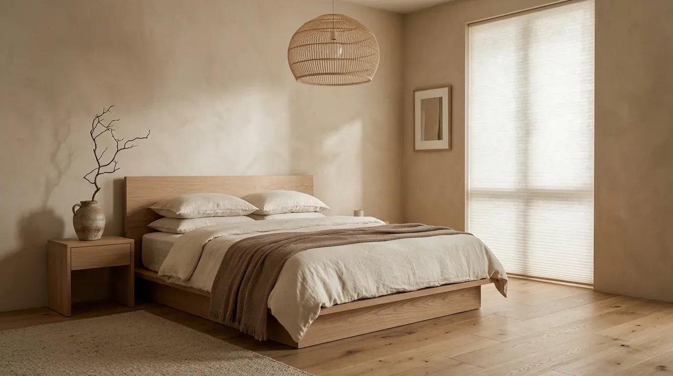 A photorealistic japandi bedroom render with a low oak platform bed, cream linen bedding, a woven pendant light and soft morning daylight, produced from the interior render prompt