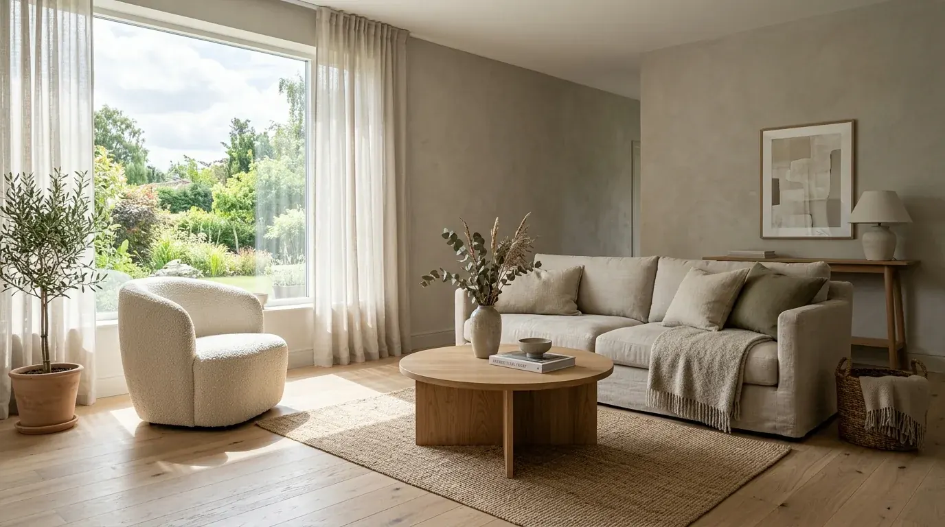 A photorealistic living room render in bright, flat midday daylight, from a daytime lighting prompt