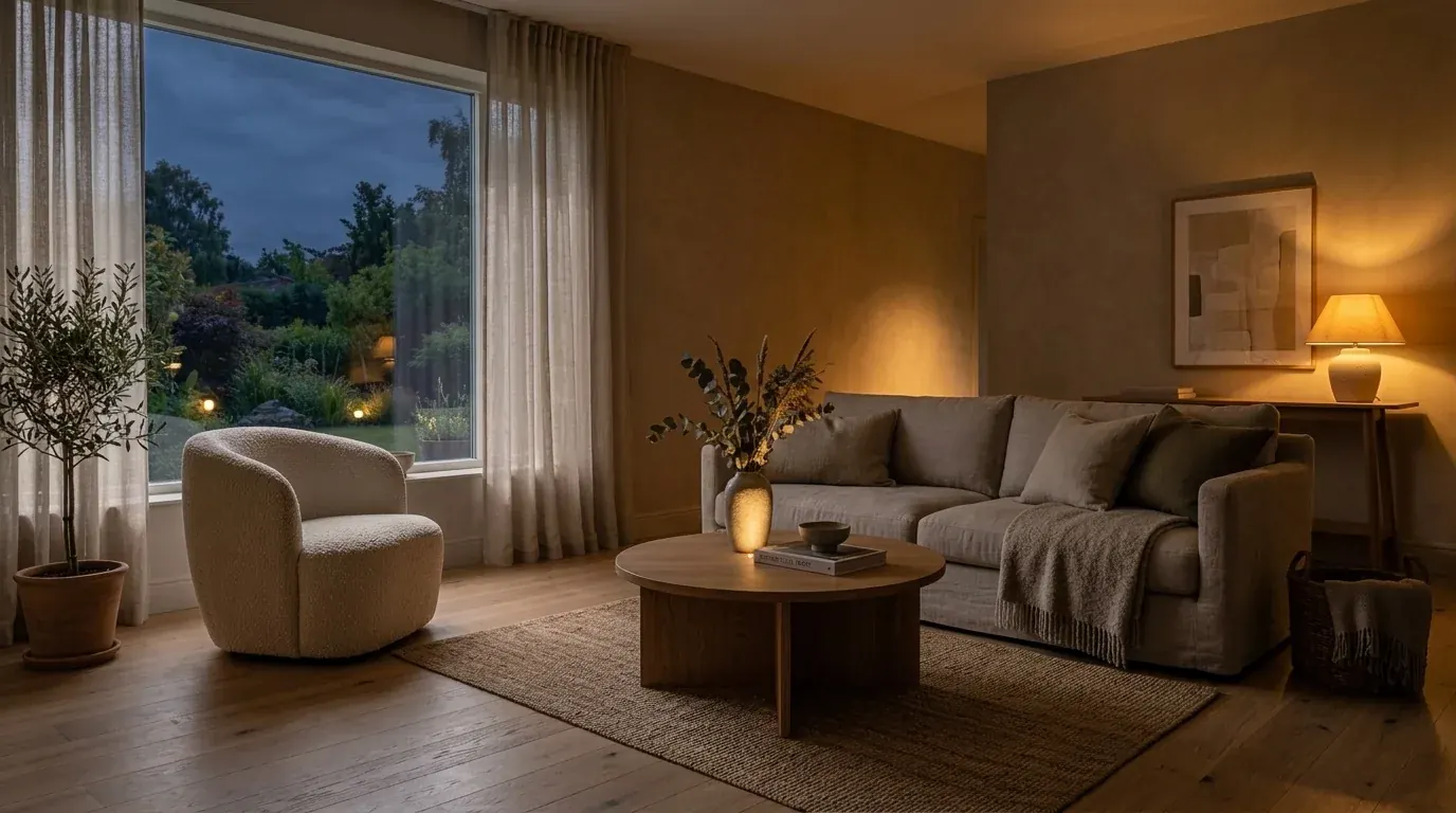 The same living room render relit to a warm evening mood with lamps and a low golden glow, from an evening lighting prompt, the geometry unchanged