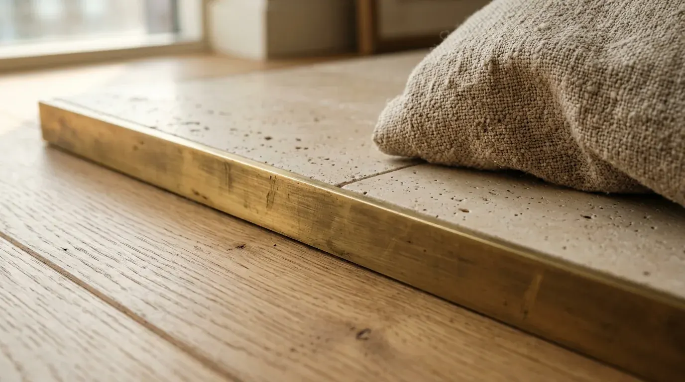 An extreme close-up render of interior materials meeting: honed travertine, a white-oak floorboard, a brass edge and a linen fold, showing realistic stone pores, wood grain and weave, produced from the material render prompt