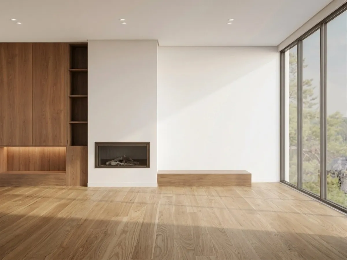 AI furniture removal showing a room with furniture digitally removed revealing clean empty space