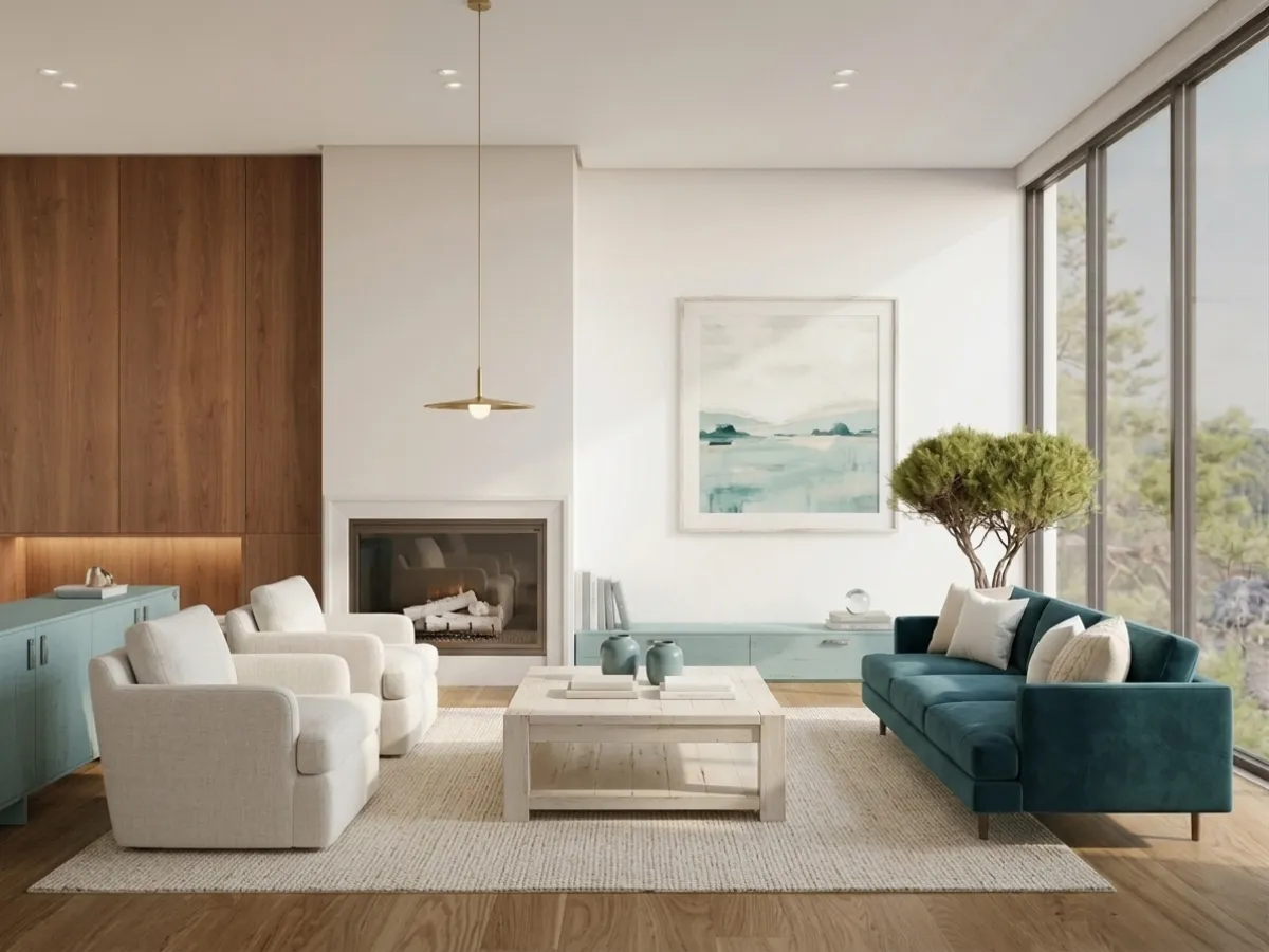 AI generated room design showing a modern styled living space with designer furniture