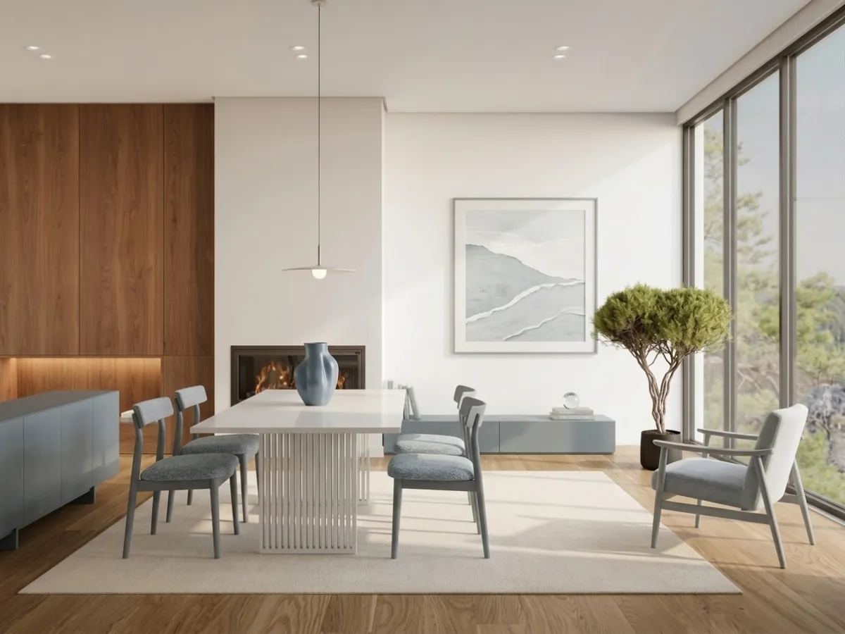 AI room redesign variation showing an alternative furniture arrangement and color scheme