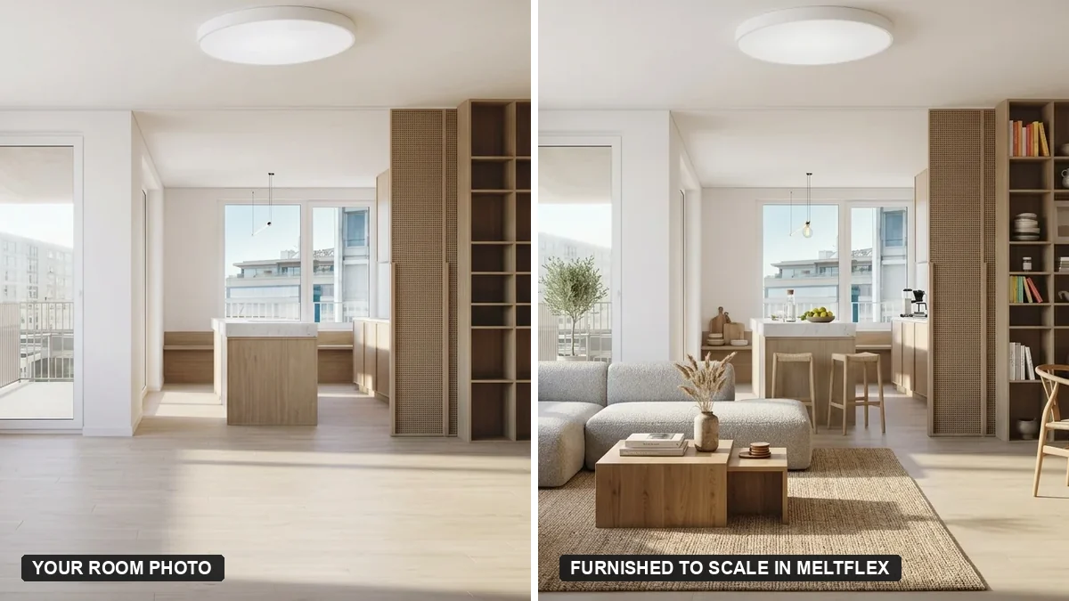 A MeltFlex before and after: an empty living room photo on the left, and the same room furnished to scale with a sofa and seating on the right