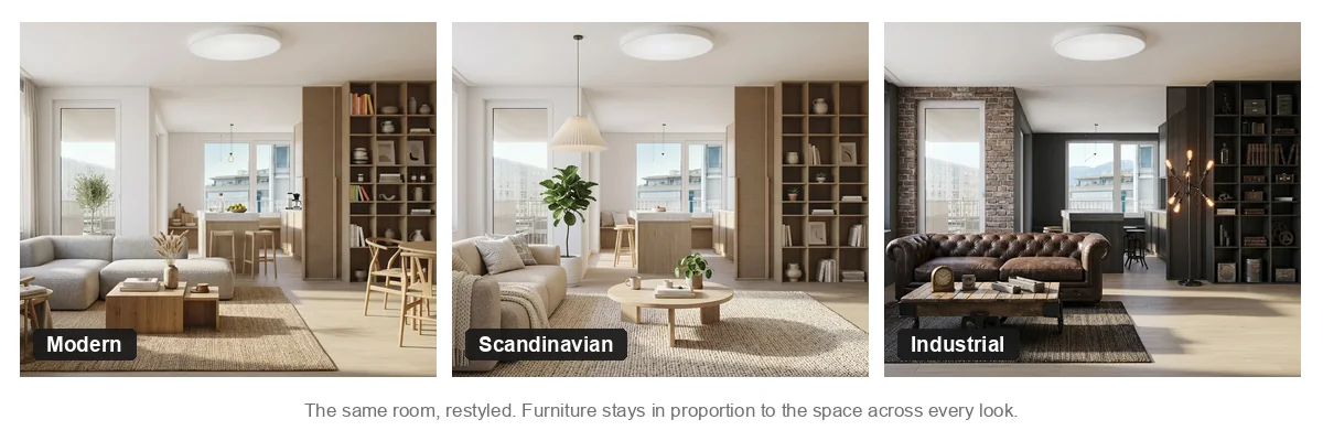The same living room restyled by MeltFlex in modern, Scandinavian and industrial looks, with the furniture kept in correct proportion to the room in every version