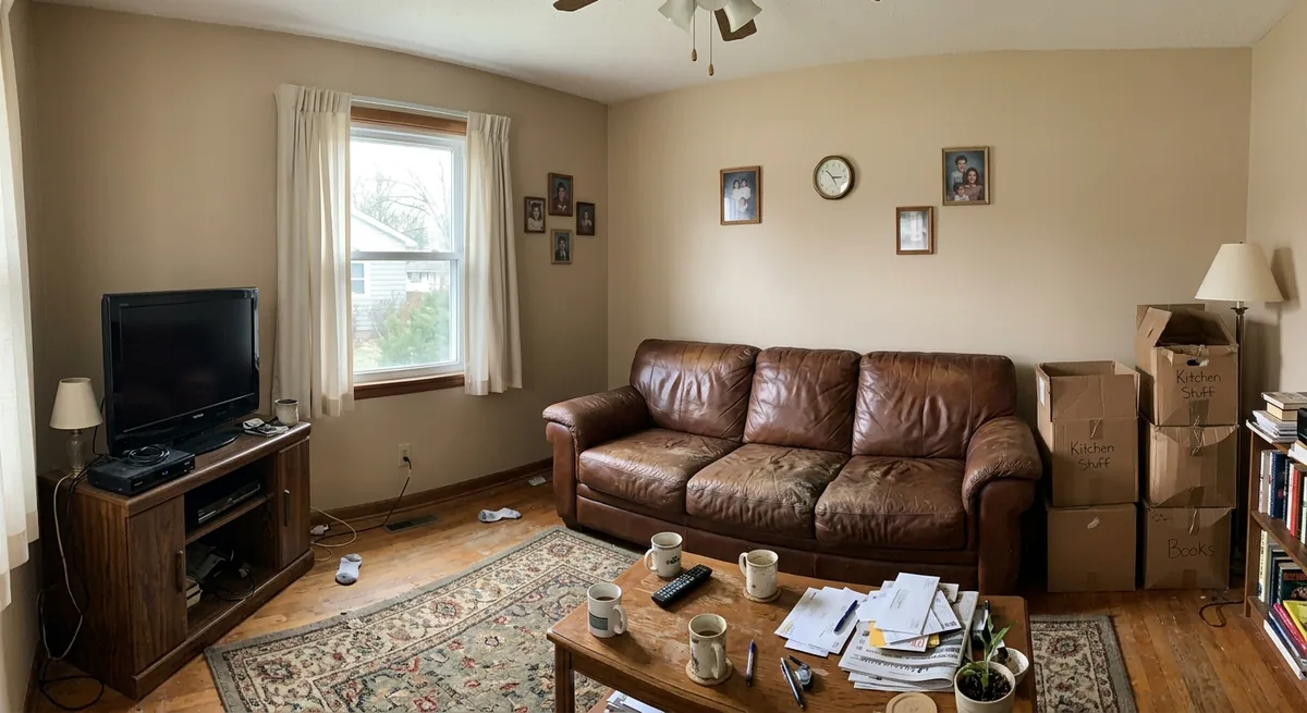 A tired, cluttered living room before an AI room transformation: a worn brown leather sofa, beige walls, an old TV, a messy coffee table, and cardboard boxes in the corner