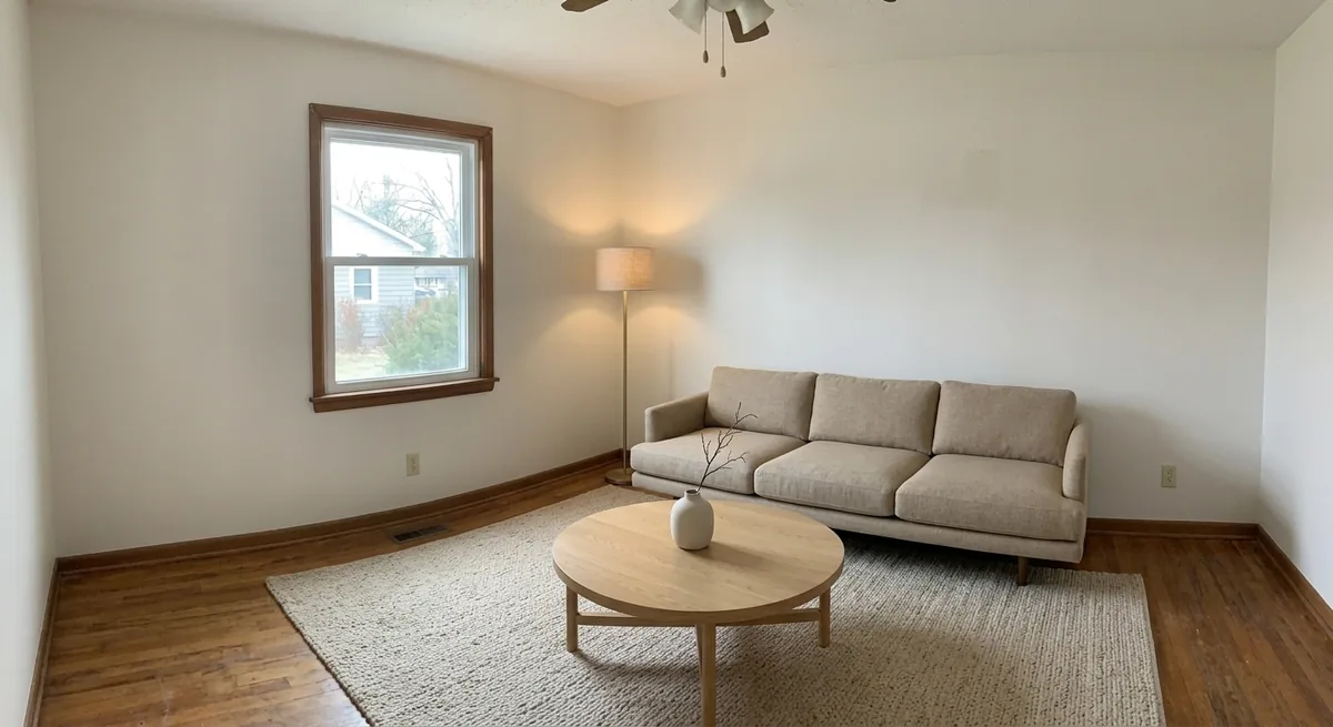 The empty room furnished by AI in a warm minimalist style with an oatmeal linen sofa, round oak coffee table, jute rug, and brass floor lamp