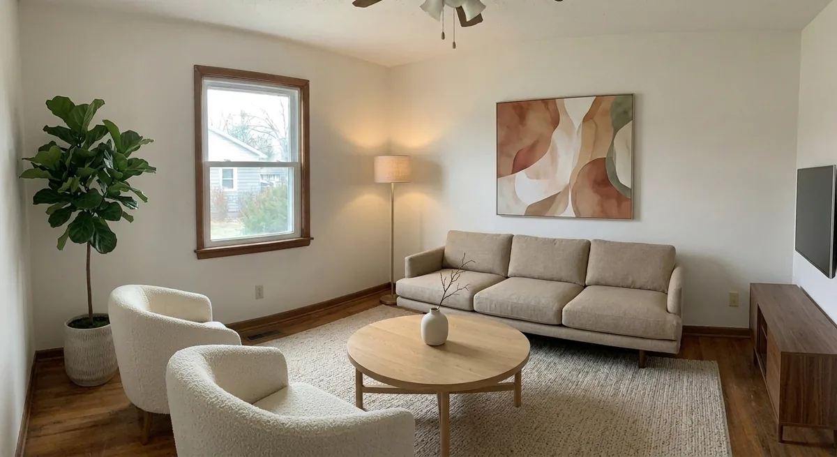 The AI-designed room refined with a pair of bouclé armchairs, a walnut media console and TV, large abstract art, and a fiddle-leaf plant, keeping the existing sofa and rug