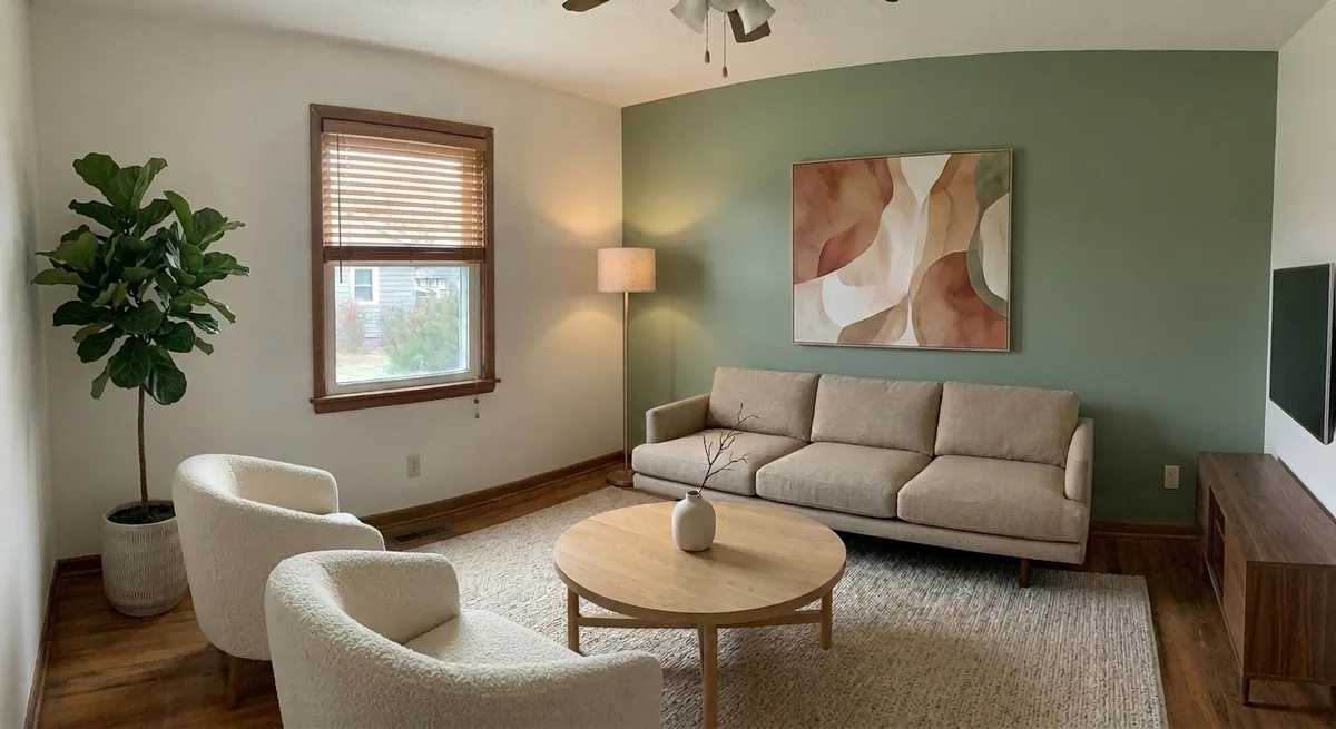 The same AI-designed living room with a warm sage green accent wall behind the sofa, a cream wool rug, and wood-slat blinds, all furniture kept in place