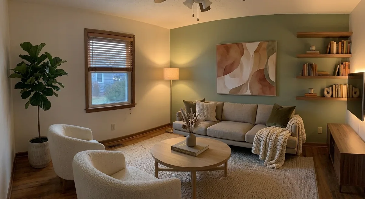 The finished AI room transformation with warm evening lighting, styled shelves, a knitted throw, cushions, and decor, a polished and cozy living room