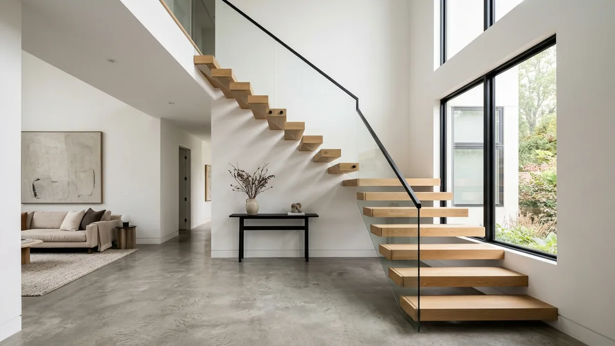 Modern open-riser floating staircase with thick solid-oak treads cantilevered from a white wall and a frameless glass balustrade in a bright double-height entryway