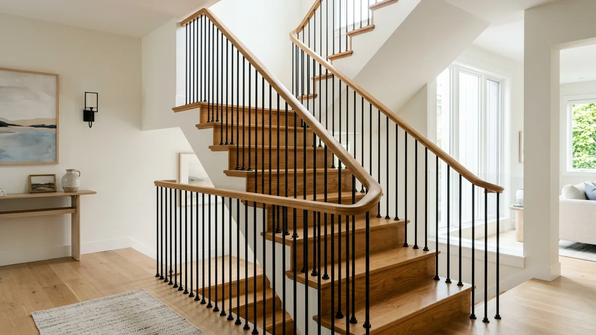 Modern staircase with slim matte-black metal balusters kept alongside a warm honey-stained oak handrail and oak treads