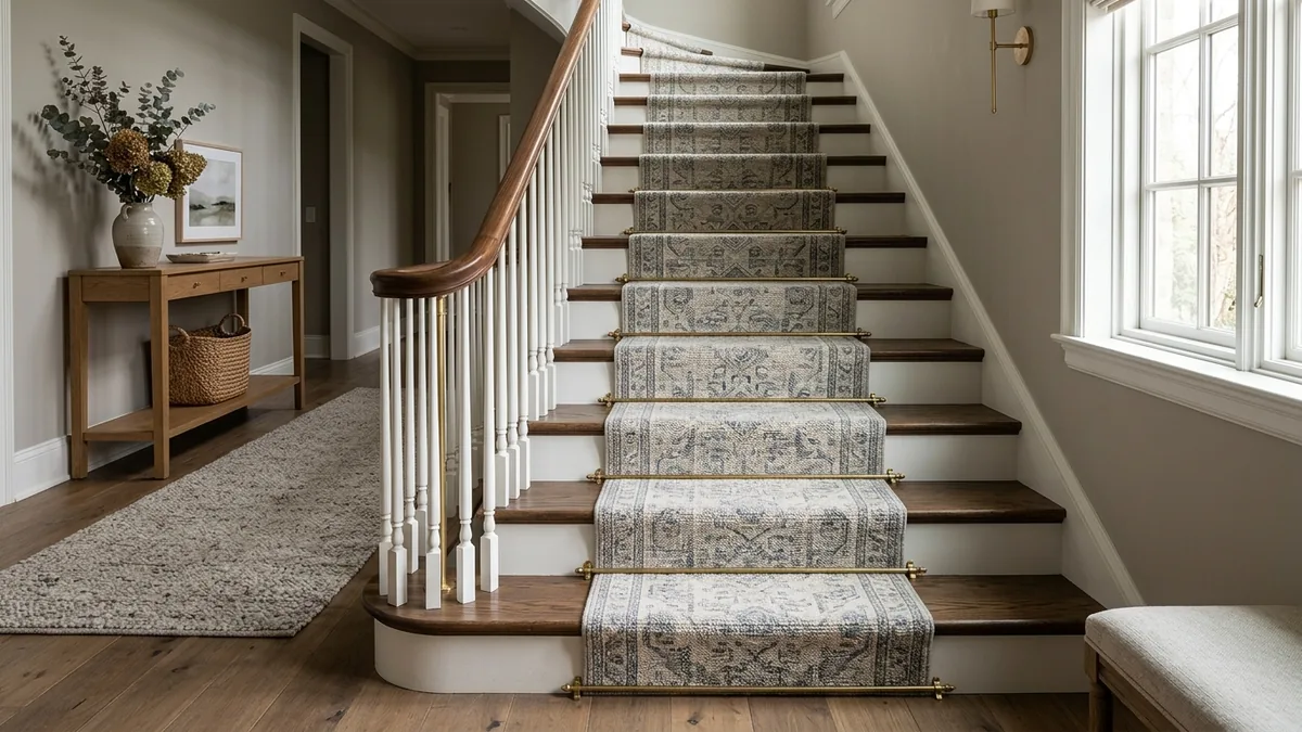 Staircase with a patterned runner in muted tones running down stained oak treads, held by brass stair rods, with white risers