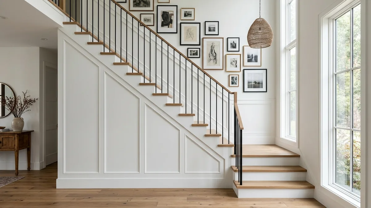 Stairwell with white panelled wainscoting climbing the angled wall, oak treads and a climbing gallery wall of framed art above the panelling