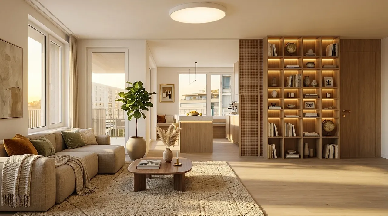 The same shell turned into a polished client-presentation interior render with warm modern furnishings and layered lighting, generated with MeltFlex