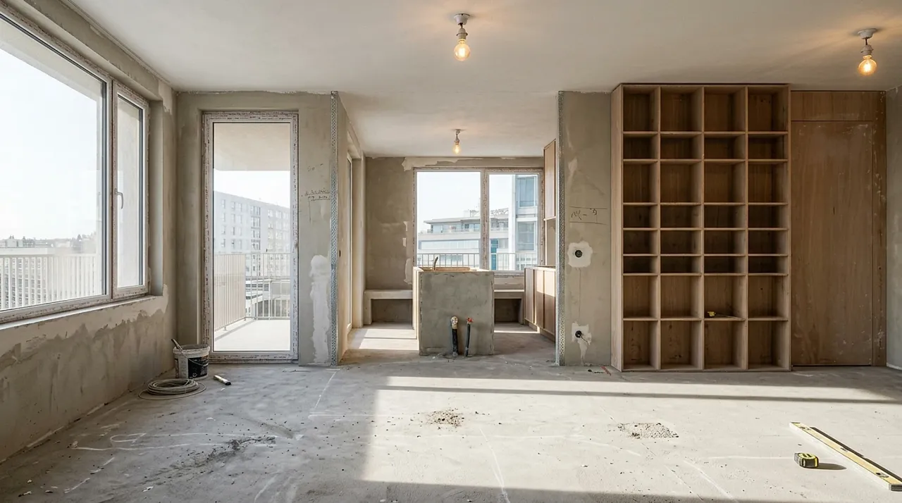 A raw unfinished architectural interior shell with bare plaster walls, concrete floor, and no furniture, the before state