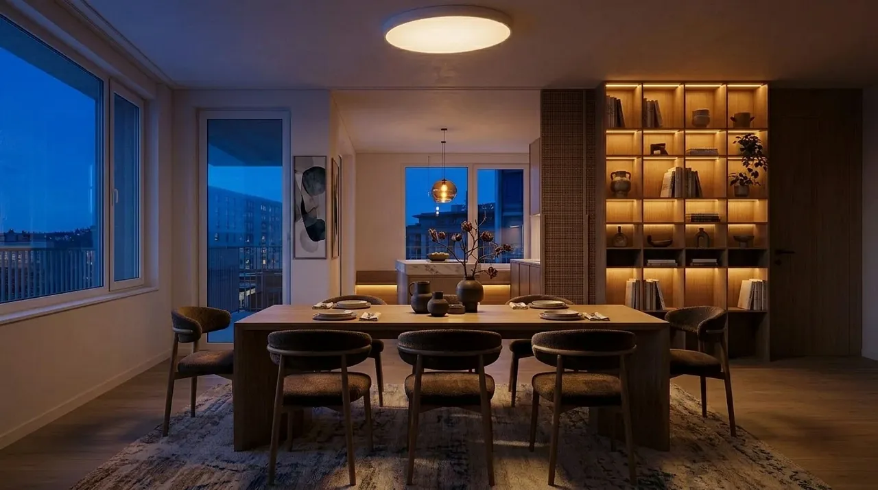 A cinematic dusk interior shot with warm interior lighting glowing against blue-hour windows, a video-walkthrough quality frame generated with MeltFlex