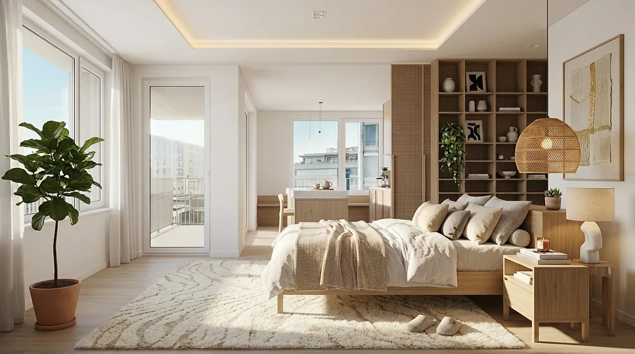A magazine-quality bedroom suite render for a client deck with a layered neutral palette and designer lighting, generated with MeltFlex