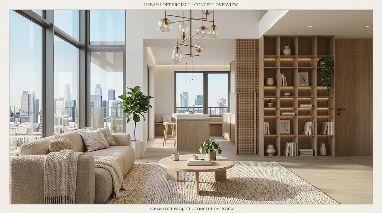 A presentation-grade architectural interior render of a double-height living space with a city view, the kind of visual a studio opens a client pitch with, generated with MeltFlex