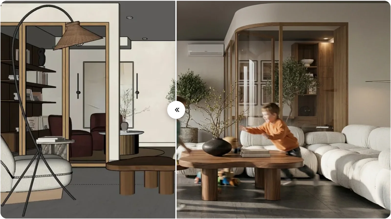 The draft to render slider on the MeltFlex photo to render page: on the left a grey SketchUp style 3D draft of a living room with a floor lamp and shelving, on the right the same room as a photoreal render with a white boucle sofa, a round wood coffee table, a child playing and warm daylight