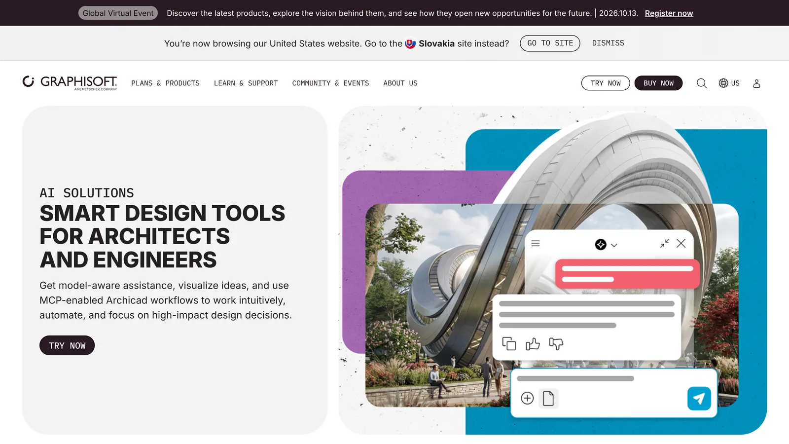 The Graphisoft AI Solutions page with the headline Smart design tools for architects and engineers and an illustration of an AI chat panel over a curved building