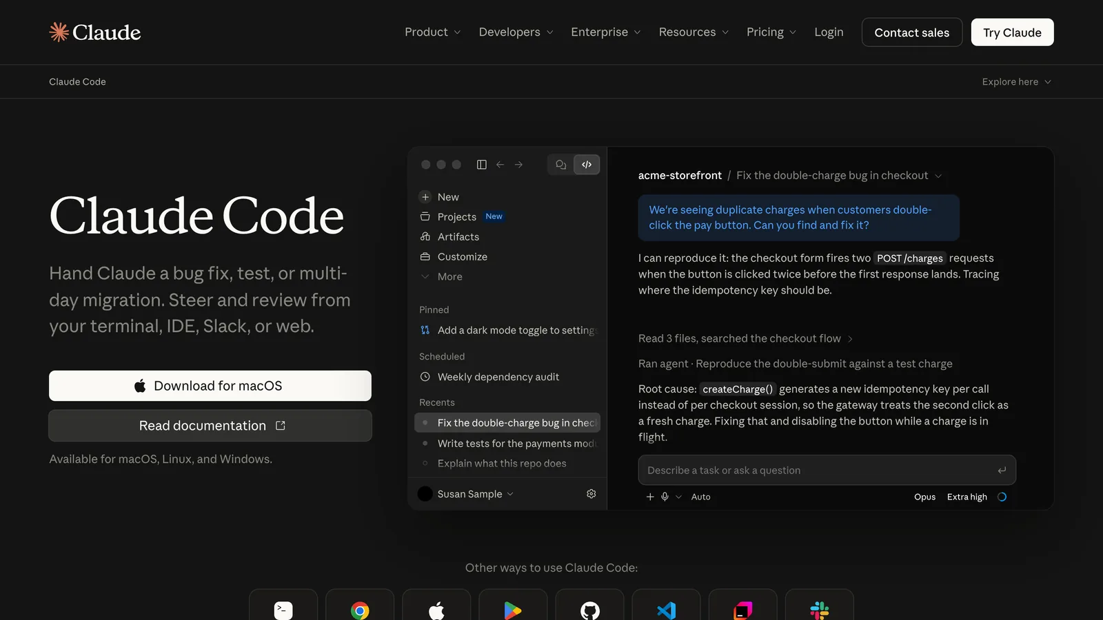 The Claude Code product page with the headline Claude Code and a terminal style app window