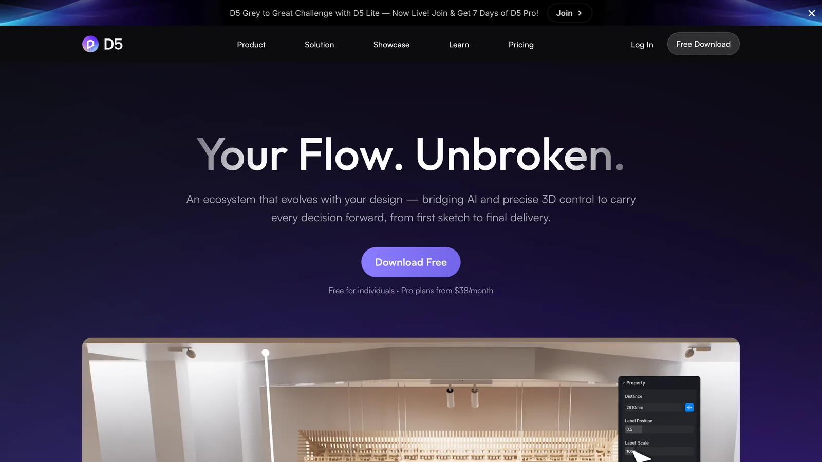 The D5 Render homepage with the headline Your Flow. Unbroken. and a Download Free button above a rendered interior