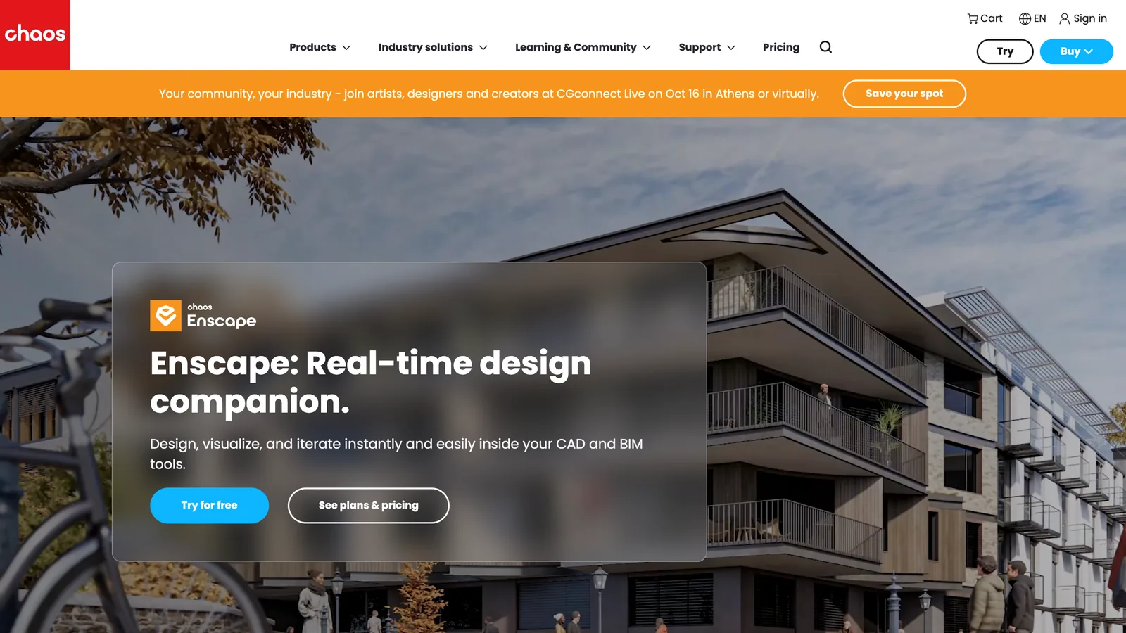 The Enscape page on chaos.com with the headline Enscape: Real-time design companion over a photo of an apartment building