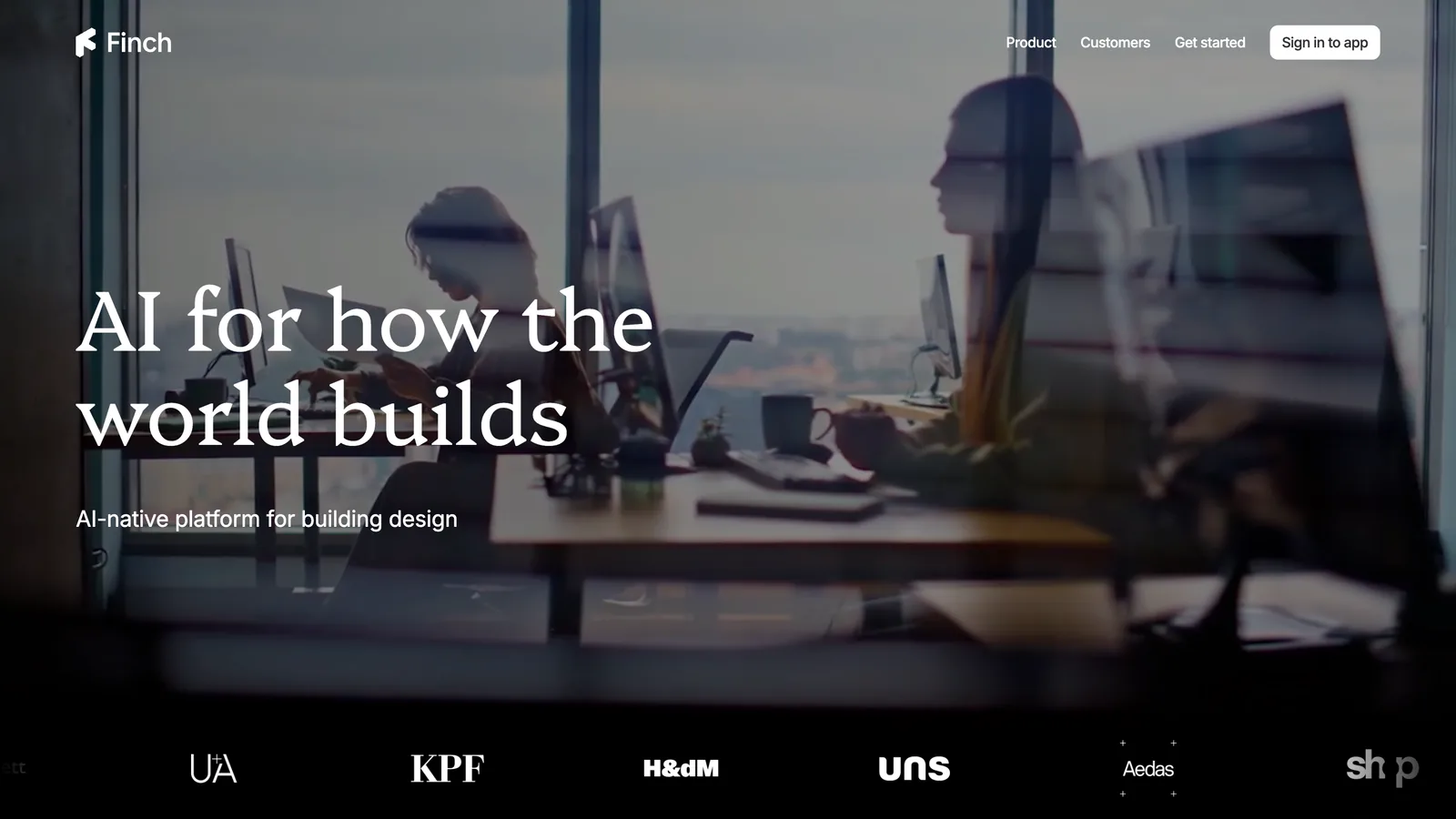The Finch homepage with the headline AI for how the world builds over a photo of an architect at a desk, with client logos including KPF