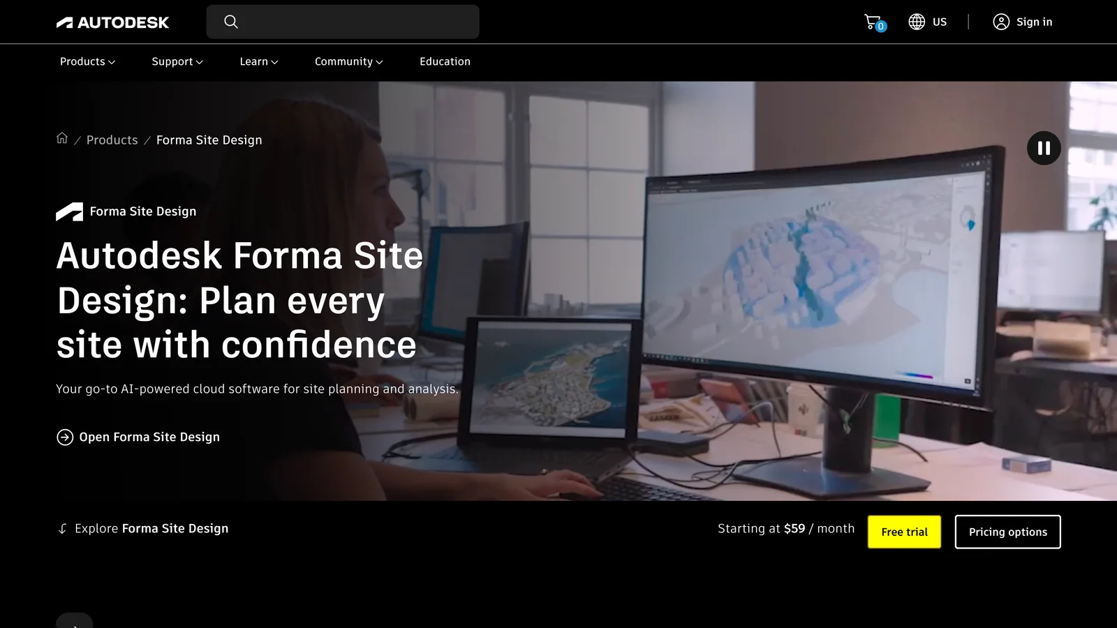 The Autodesk Forma Site Design page with the headline Plan every site with confidence, a photo of a designer at a screen showing a 3D city model, and Starting at $59 per month with a Free trial button