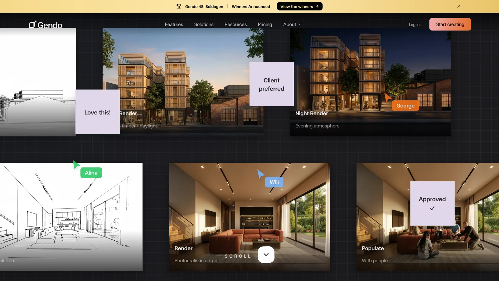 The Gendo homepage canvas with a hand sketch, day and night renders of a timber building, an interior render and sticky notes reading Love this, Client preferred and Approved
