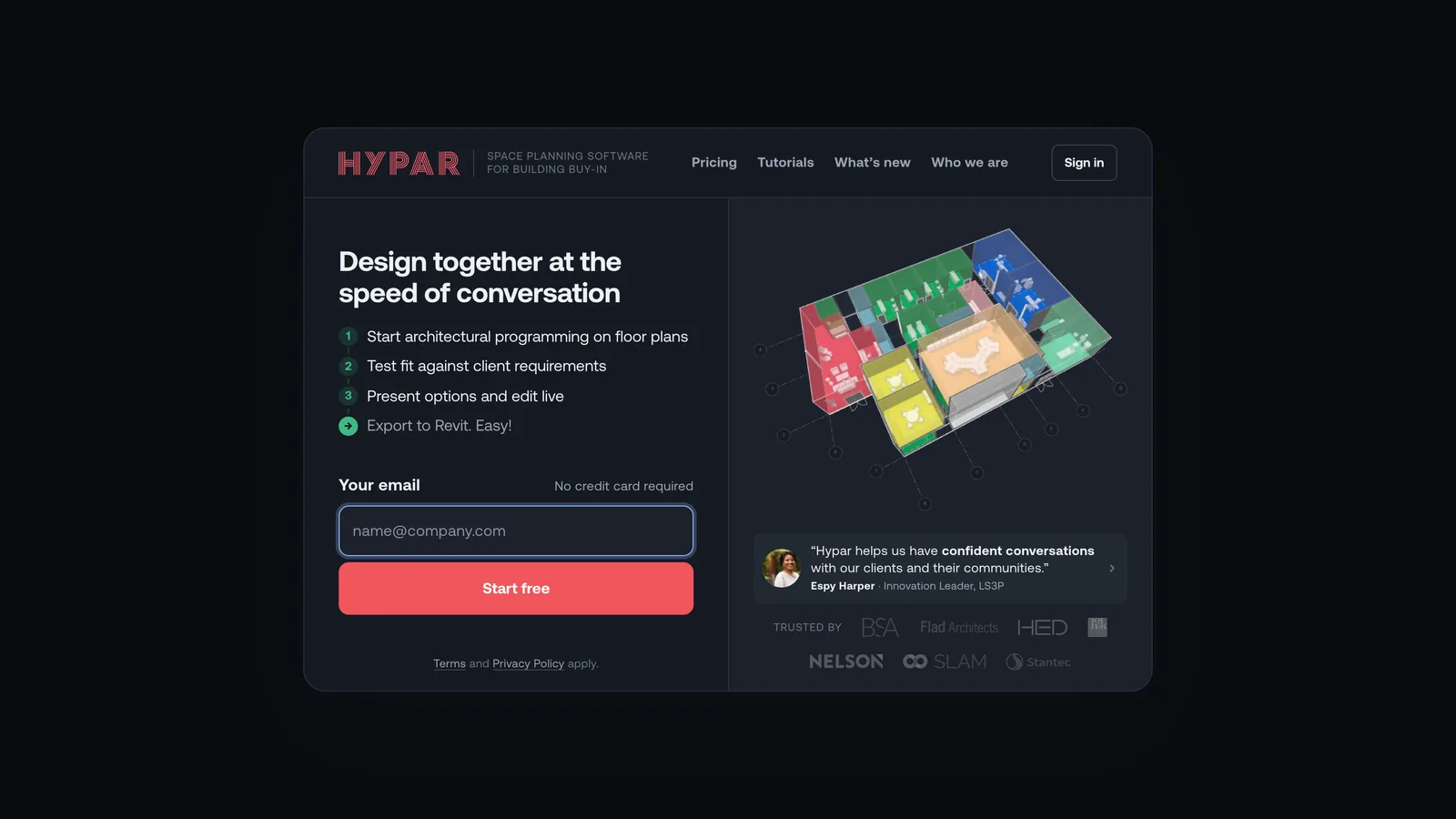 The Hypar homepage card reading Design together at the speed of conversation, with three steps and a colored 3D floor plan, and a Start free button