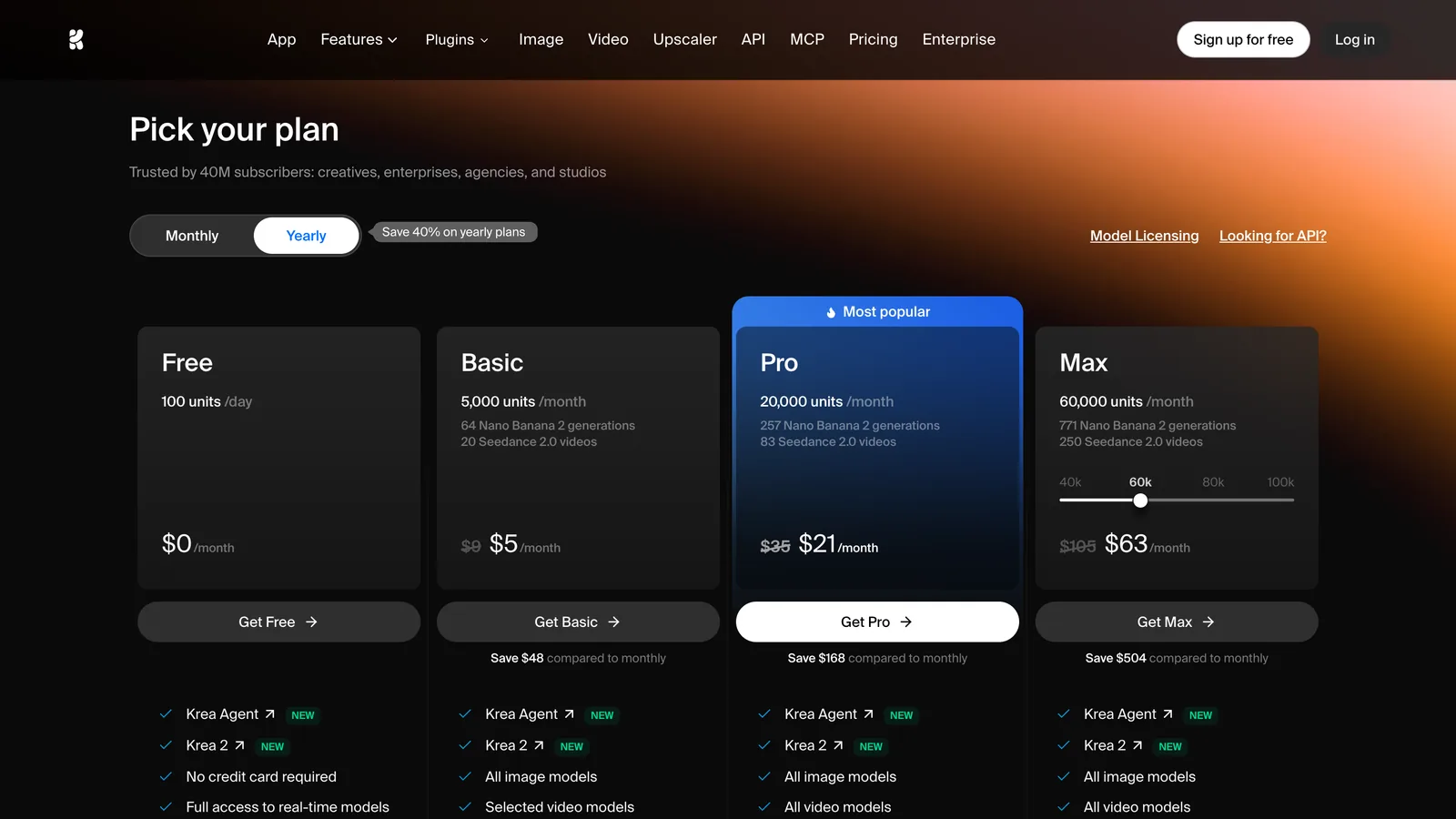 The Krea pricing page with monthly and yearly toggles and a Save 40% on yearly plans label